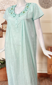 Pista Green Floral Boutique Cotton Nighty . Pure Durable Cotton | Laces and Frills - Laces and Frills