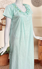 Pista Green Floral Boutique Cotton Nighty . Pure Durable Cotton | Laces and Frills - Laces and Frills