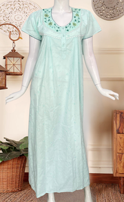 Pista Green Floral Boutique Cotton Nighty . Pure Durable Cotton | Laces and Frills - Laces and Frills