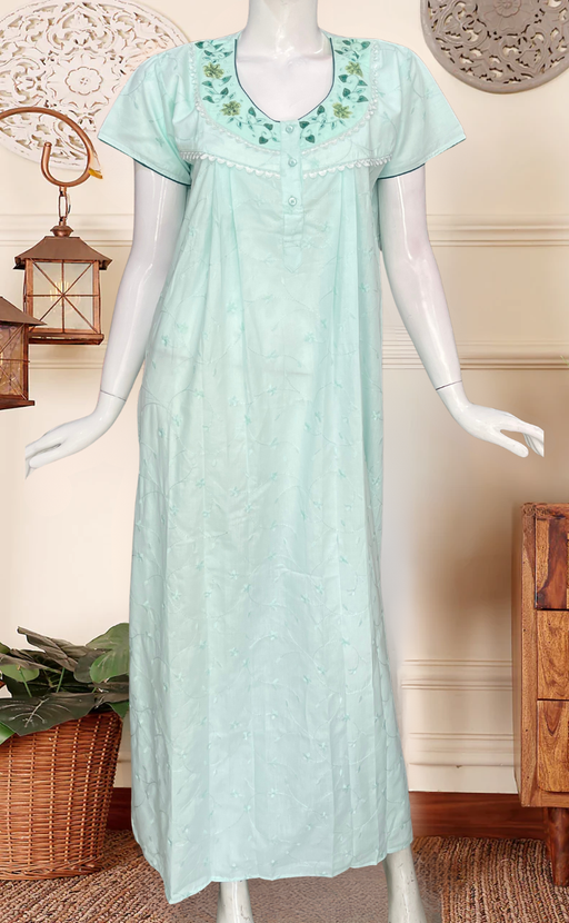 Pista Green Floral Boutique Cotton Nighty . Pure Durable Cotton | Laces and Frills - Laces and Frills
