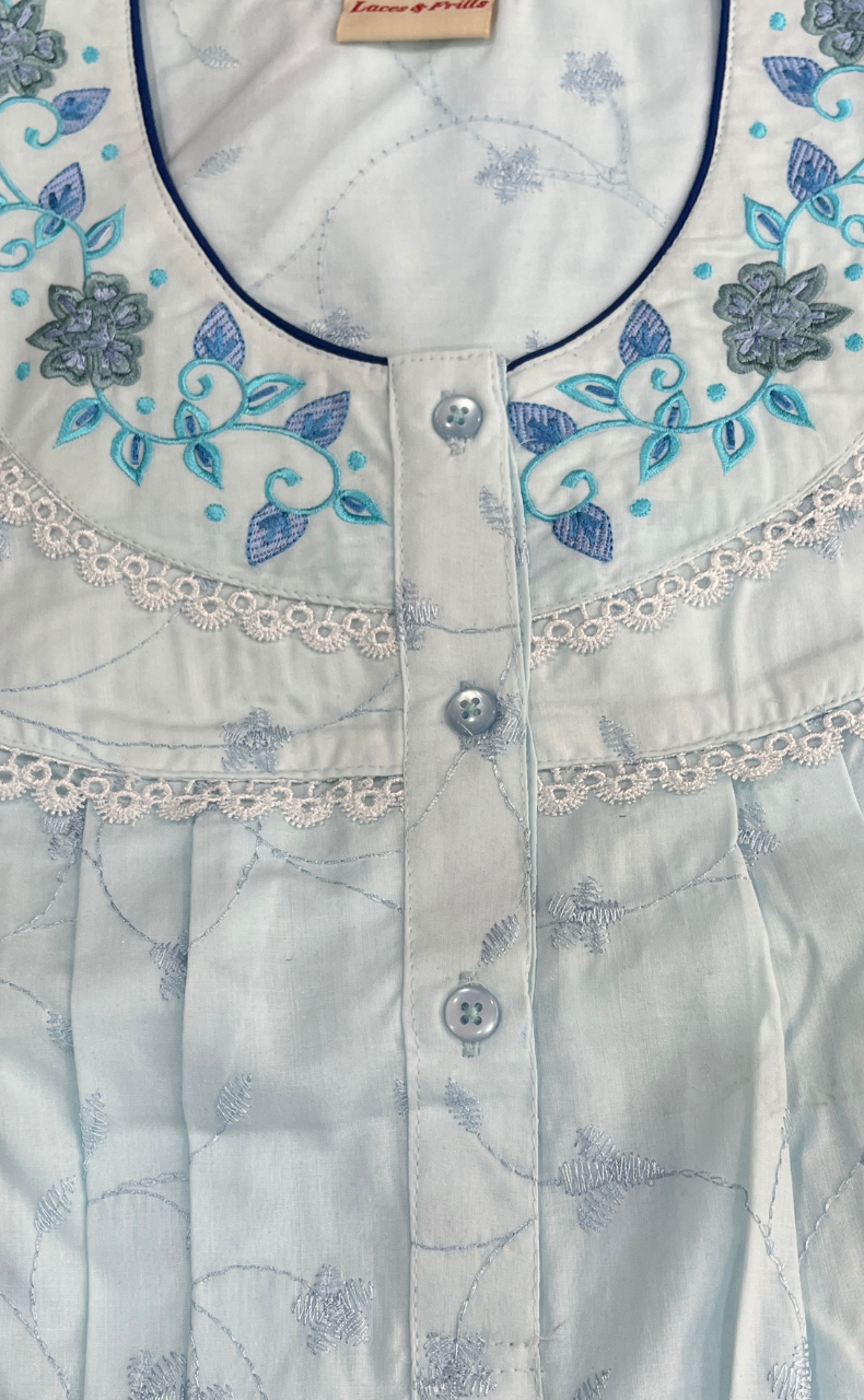 Light Blue Floral Boutique Cotton Nighty . Pure Durable Cotton | Laces and Frills - Laces and Frills