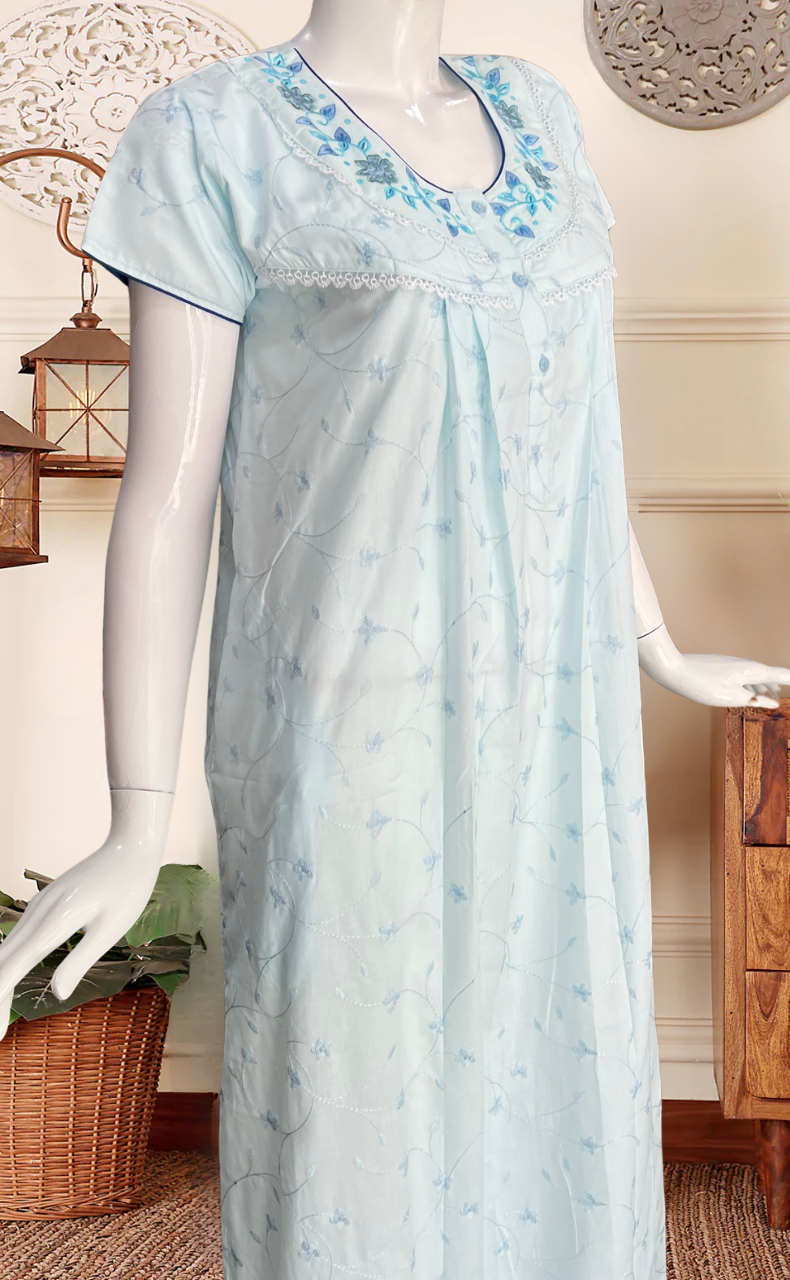 Light Blue Floral Boutique Cotton Nighty . Pure Durable Cotton | Laces and Frills - Laces and Frills