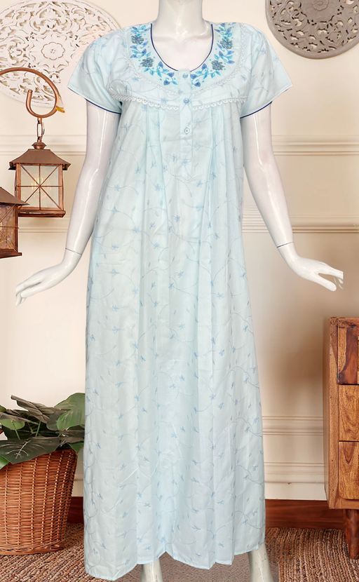 Light Blue Floral Boutique Cotton Nighty . Pure Durable Cotton | Laces and Frills - Laces and Frills