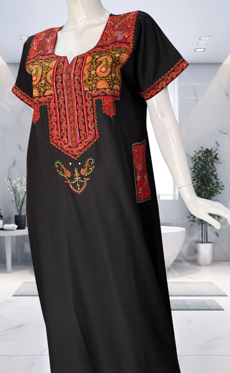 Black Bhopali Embroidery Soft Cotton Nighty. Soft Breathable Fabric | Laces and Frills - Laces and Frills