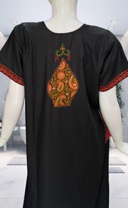 Black Bhopali Embroidery Soft Cotton Nighty. Soft Breathable Fabric | Laces and Frills - Laces and Frills