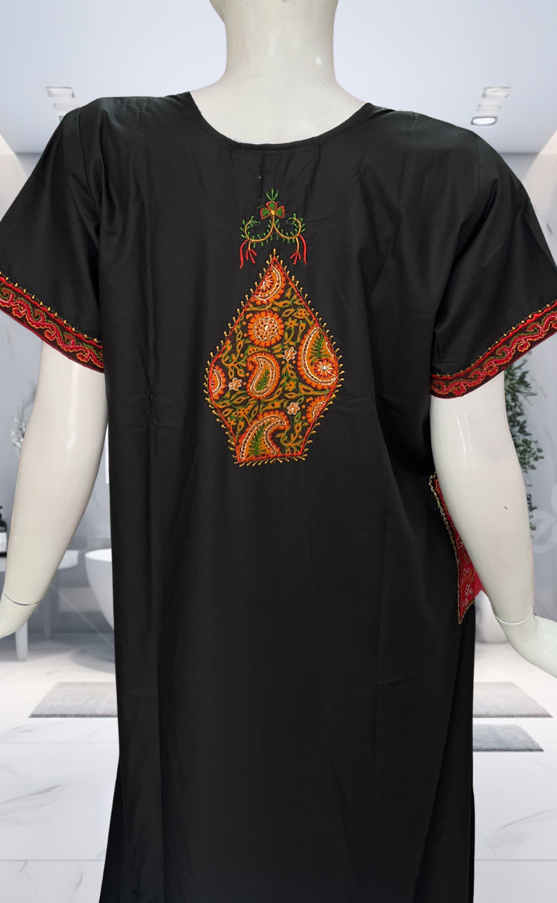 Black Bhopali Embroidery Soft Cotton Nighty. Soft Breathable Fabric | Laces and Frills - Laces and Frills