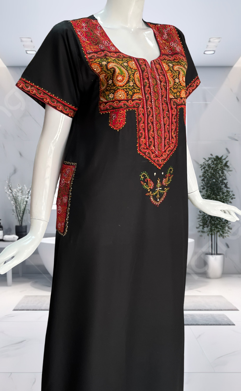 Black Bhopali Embroidery Soft Cotton Nighty. Soft Breathable Fabric | Laces and Frills - Laces and Frills