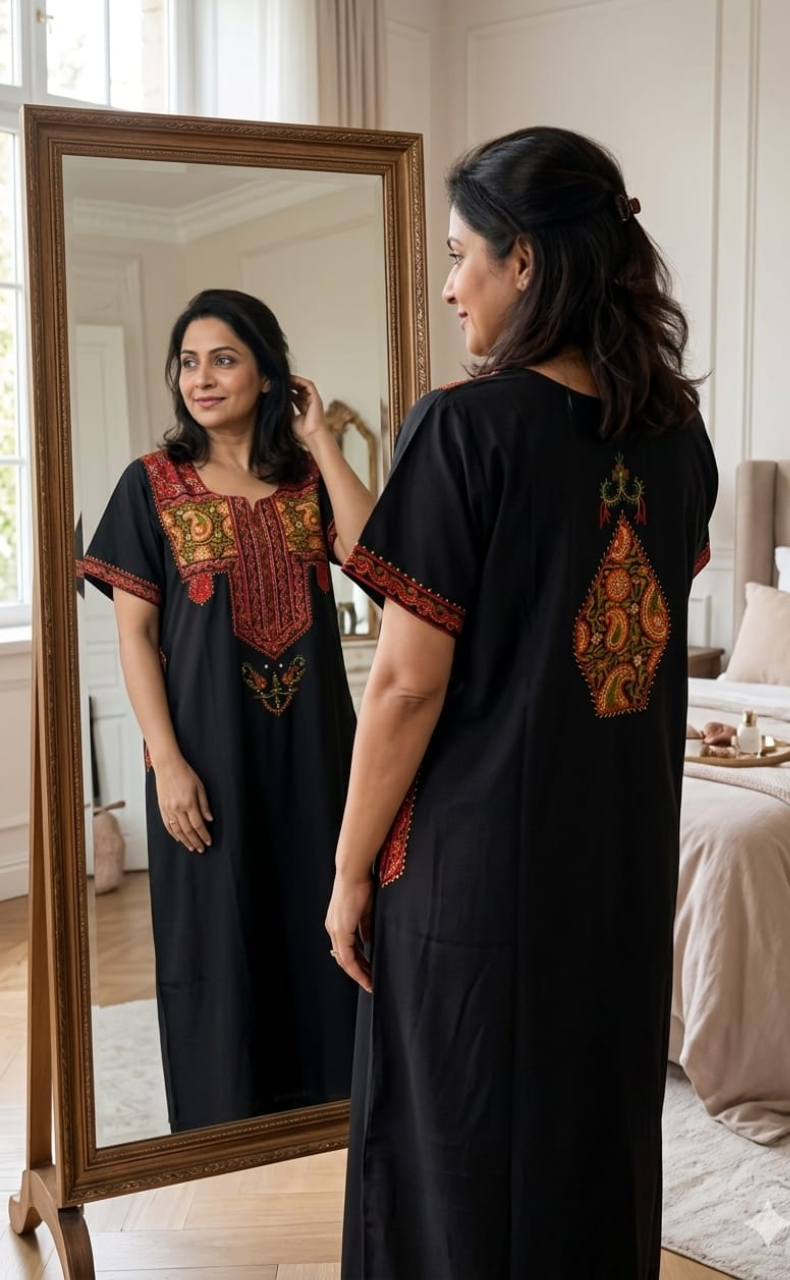 Black Bhopali Embroidery Soft Cotton Nighty. Soft Breathable Fabric | Laces and Frills - Laces and Frills