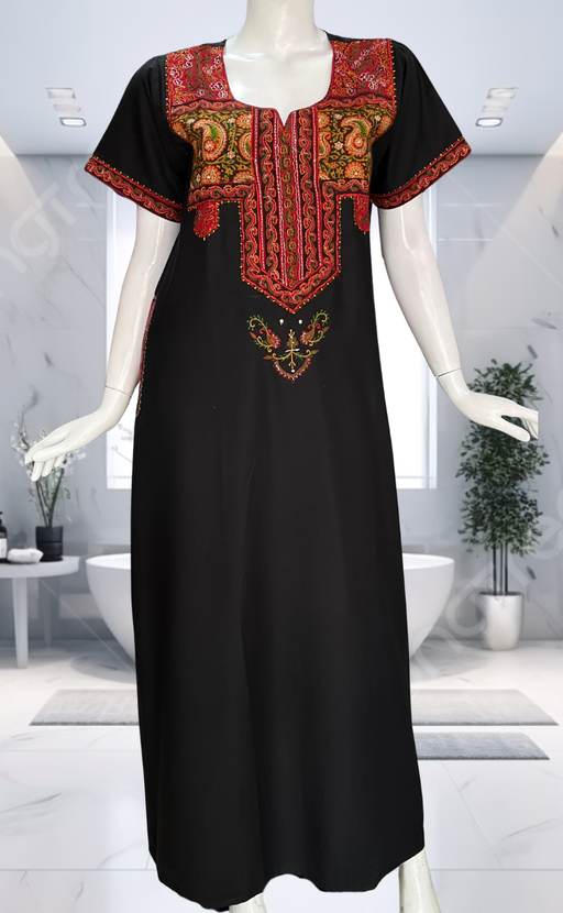 Black Bhopali Embroidery Soft Cotton Nighty. Soft Breathable Fabric | Laces and Frills - Laces and Frills