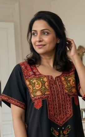 Black Bhopali Embroidery Soft Cotton Nighty. Soft Breathable Fabric | Laces and Frills - Laces and Frills