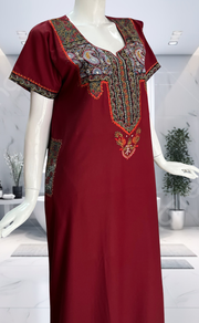 Maroon Bhopali Embroidery Soft Cotton Nighty. Soft Breathable Fabric | Laces and Frills - Laces and Frills