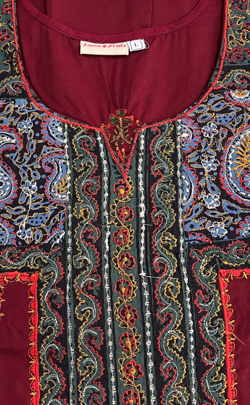 Maroon Bhopali Embroidery Soft Cotton Nighty. Soft Breathable Fabric | Laces and Frills - Laces and Frills