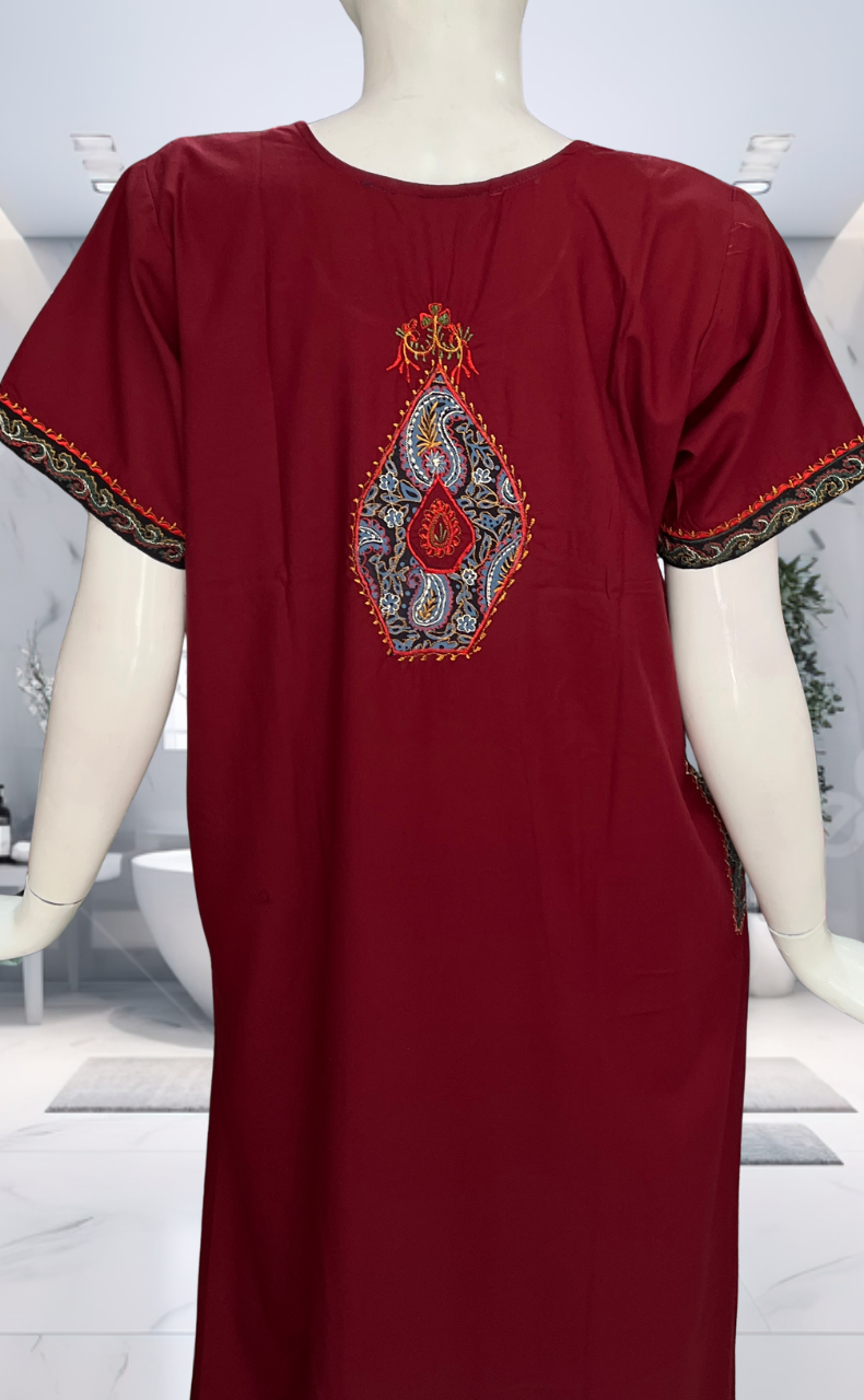 Maroon Bhopali Embroidery Soft Cotton Nighty. Soft Breathable Fabric | Laces and Frills - Laces and Frills