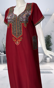 Maroon Bhopali Embroidery Soft Cotton Nighty. Soft Breathable Fabric | Laces and Frills - Laces and Frills