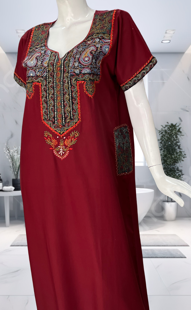Maroon Bhopali Embroidery Soft Cotton Nighty. Soft Breathable Fabric | Laces and Frills - Laces and Frills