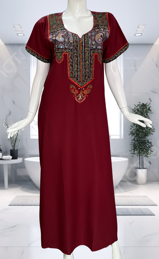 Maroon Bhopali Embroidery Soft Cotton Nighty. Soft Breathable Fabric | Laces and Frills - Laces and Frills