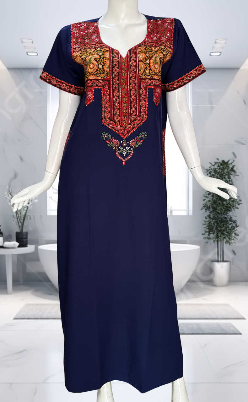 Navy Blue Bhopali Embroidery Soft Cotton Nighty. Soft Breathable Fabric | Laces and Frills - Laces and Frills