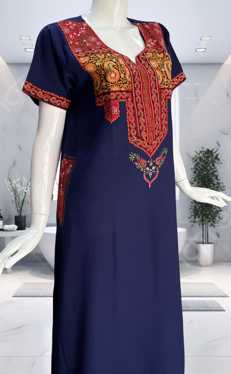 Navy Blue Bhopali Embroidery Soft Cotton Nighty. Soft Breathable Fabric | Laces and Frills - Laces and Frills