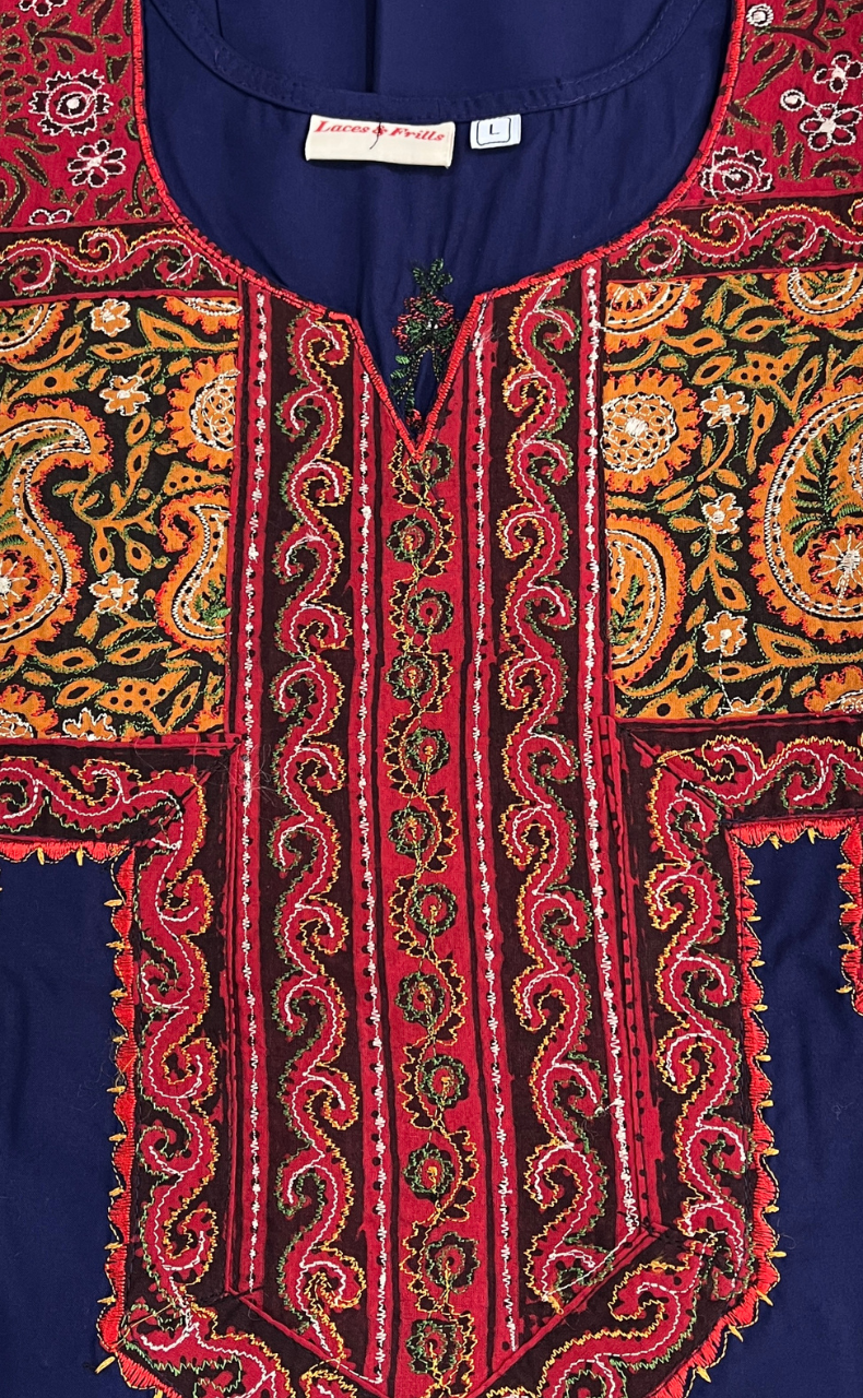 Navy Blue Bhopali Embroidery Soft Cotton Nighty. Soft Breathable Fabric | Laces and Frills - Laces and Frills