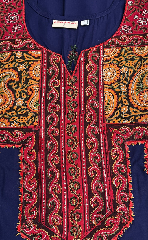 Navy Blue Bhopali Embroidery Soft Cotton Nighty. Soft Breathable Fabric | Laces and Frills - Laces and Frills