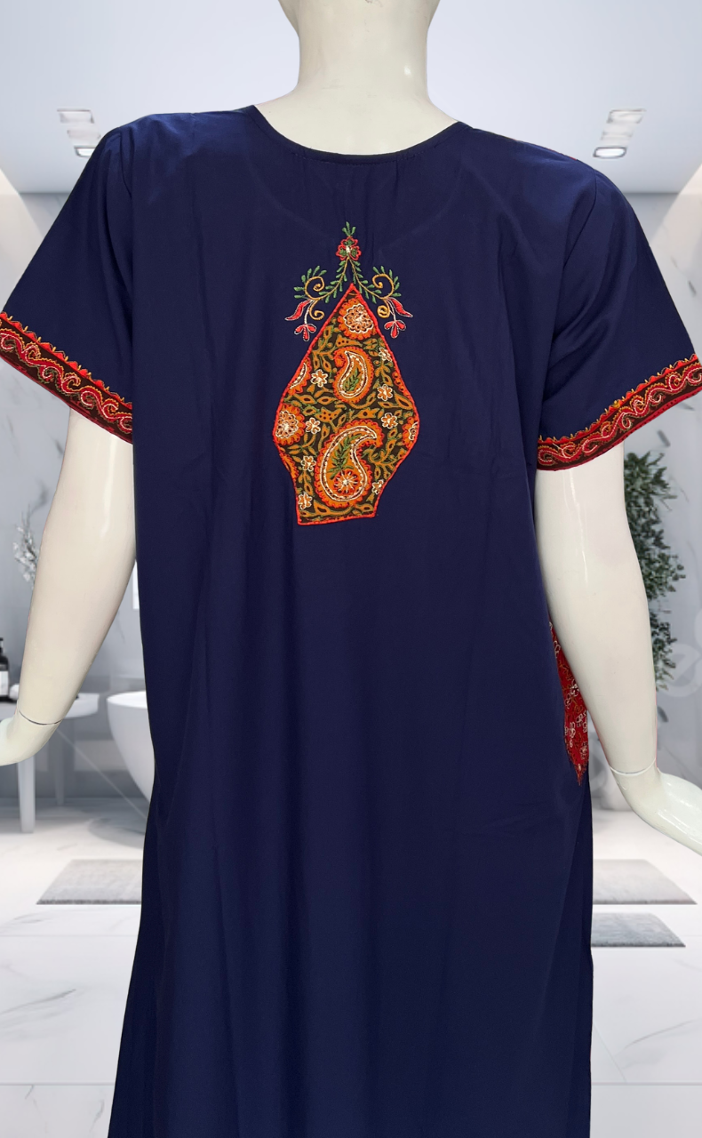 Navy Blue Bhopali Embroidery Soft Cotton Nighty. Soft Breathable Fabric | Laces and Frills - Laces and Frills