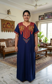 Navy Blue Bhopali Embroidery Soft Cotton Nighty. Soft Breathable Fabric | Laces and Frills - Laces and Frills