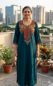 Teal Green Bhopali Embroidery Soft Cotton Long Sleeves Nighty. Soft Breathable Fabric | Laces and Frills - Laces and Frills