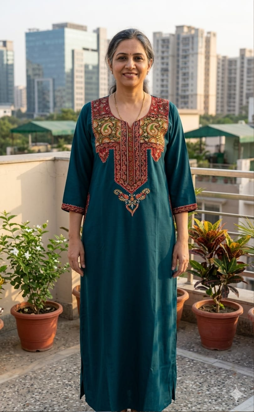 Teal Green Bhopali Embroidery Soft Cotton Long Sleeves Nighty. Soft Breathable Fabric | Laces and Frills - Laces and Frills