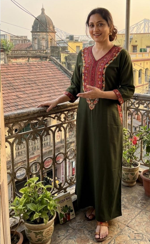 Olive Green Bhopali Embroidery Soft Cotton Long Sleeves Nighty. Soft Breathable Fabric | Laces and Frills - Laces and Frills