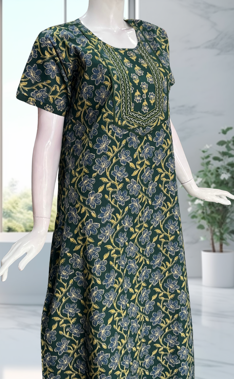 Green Floral Pure Cotton Nighty. Pure Durable Cotton | Laces and Frills - Laces and Frills