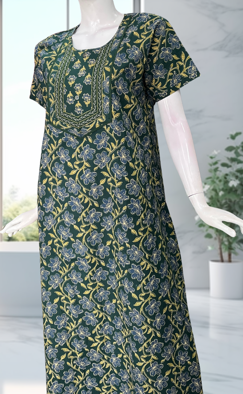 Green Floral Pure Cotton Nighty. Pure Durable Cotton | Laces and Frills - Laces and Frills