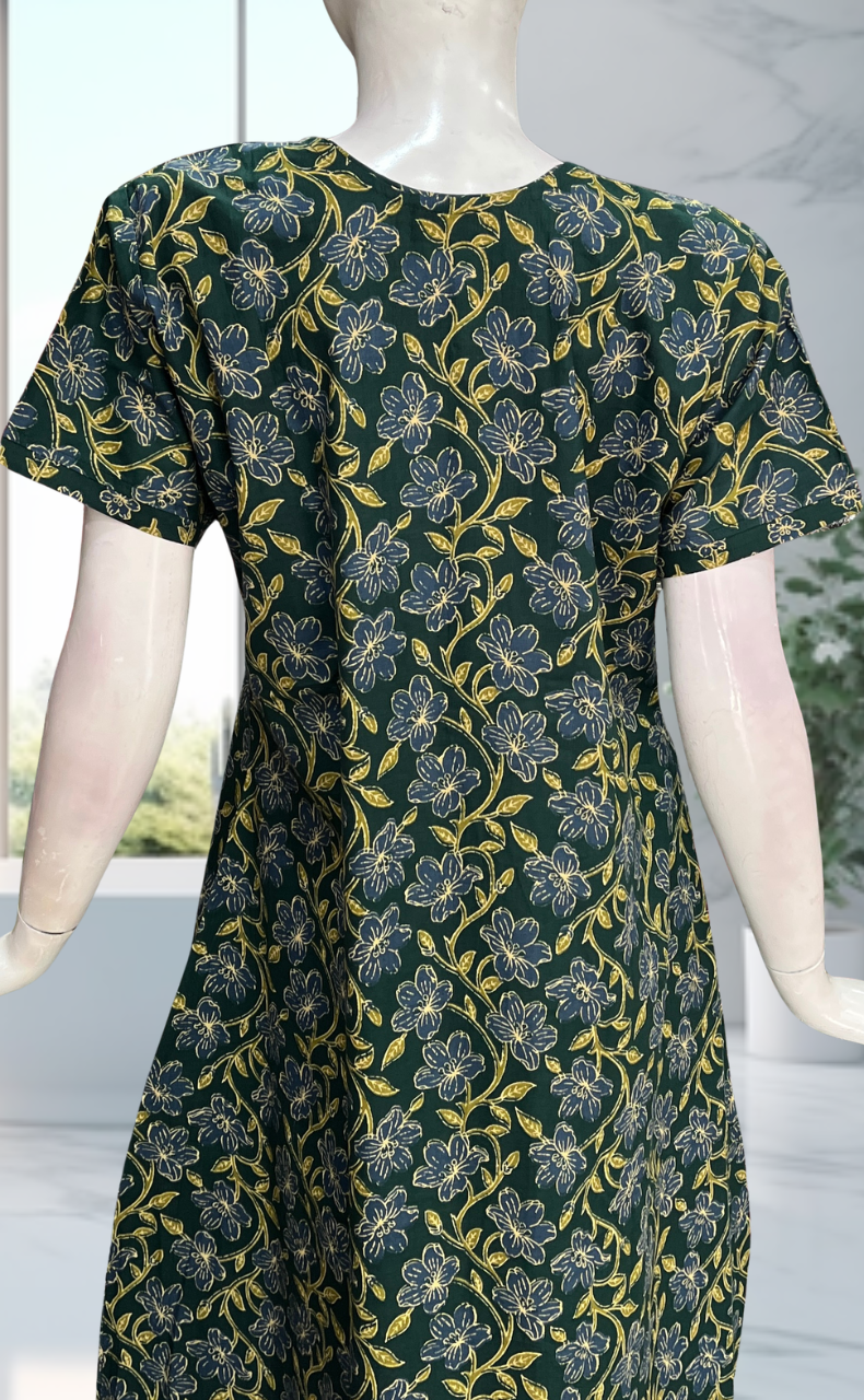 Green Floral Pure Cotton Nighty. Pure Durable Cotton | Laces and Frills - Laces and Frills
