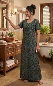 Green Floral Pure Cotton Nighty. Pure Durable Cotton | Laces and Frills - Laces and Frills