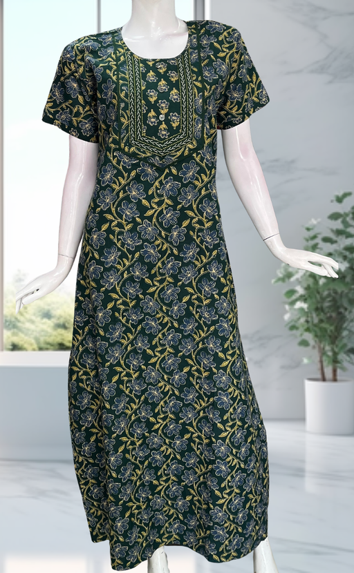 Green Floral Pure Cotton Nighty. Pure Durable Cotton | Laces and Frills - Laces and Frills