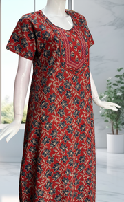 Maroon Floral Pure Cotton Nighty. Pure Durable Cotton | Laces and Frills - Laces and Frills