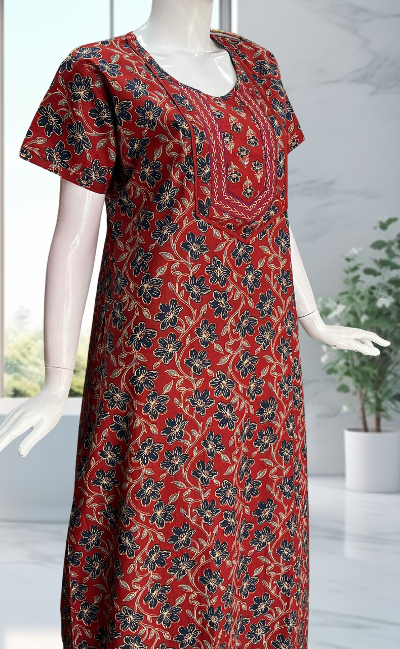 Maroon Floral Pure Cotton Nighty. Pure Durable Cotton | Laces and Frills - Laces and Frills