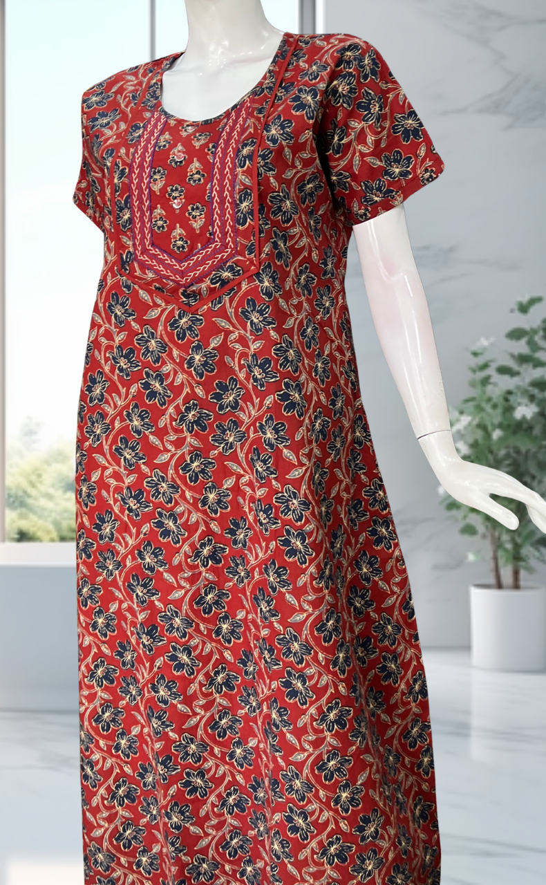 Maroon Floral Pure Cotton Nighty. Pure Durable Cotton | Laces and Frills - Laces and Frills