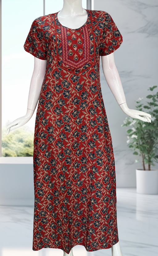Maroon Floral Pure Cotton Nighty. Pure Durable Cotton | Laces and Frills - Laces and Frills