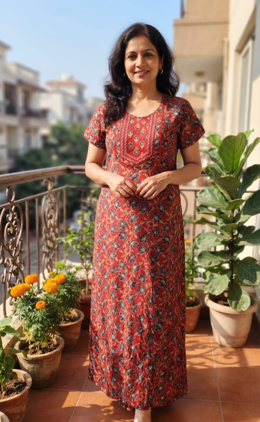 Maroon Floral Pure Cotton Nighty. Pure Durable Cotton | Laces and Frills - Laces and Frills