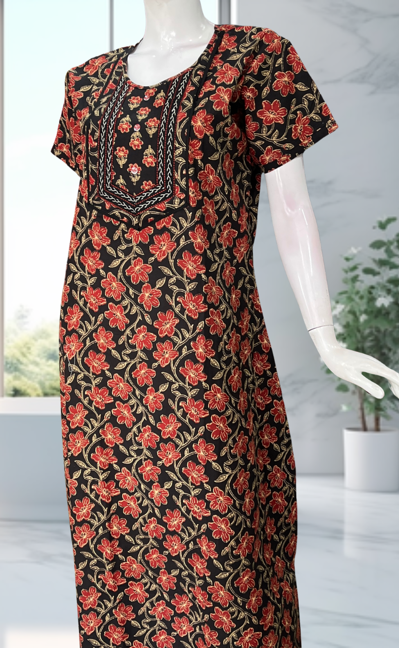 Black Floral Pure Cotton Nighty. Pure Durable Cotton | Laces and Frills - Laces and Frills