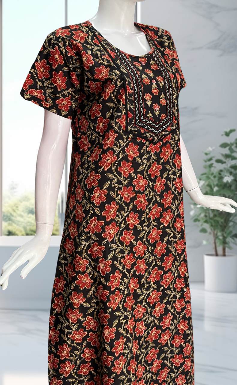 Black Floral Pure Cotton Nighty. Pure Durable Cotton | Laces and Frills - Laces and Frills
