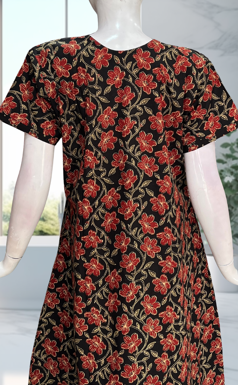 Black Floral Pure Cotton Nighty. Pure Durable Cotton | Laces and Frills - Laces and Frills