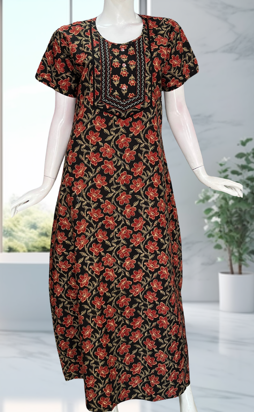 Black Floral Pure Cotton Nighty. Pure Durable Cotton | Laces and Frills - Laces and Frills