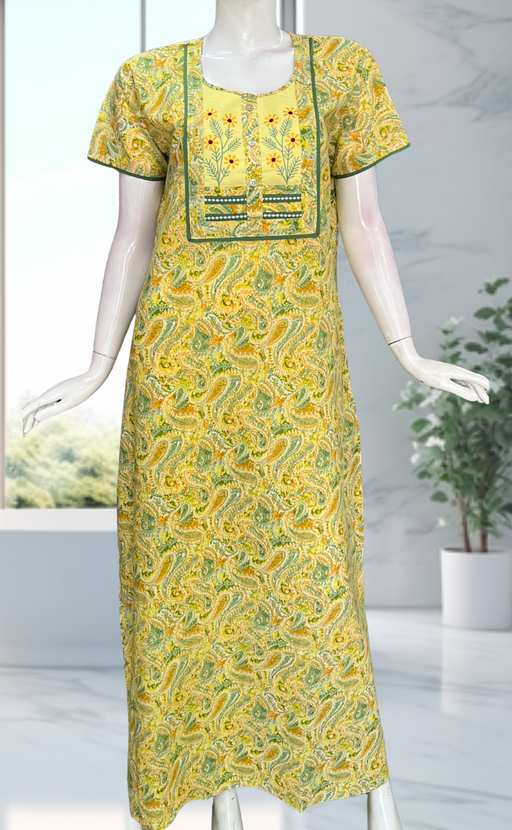 Yellow Paisley Print Pure Cotton Nighty. Pure Durable Cotton | Laces and Frills - Laces and Frills