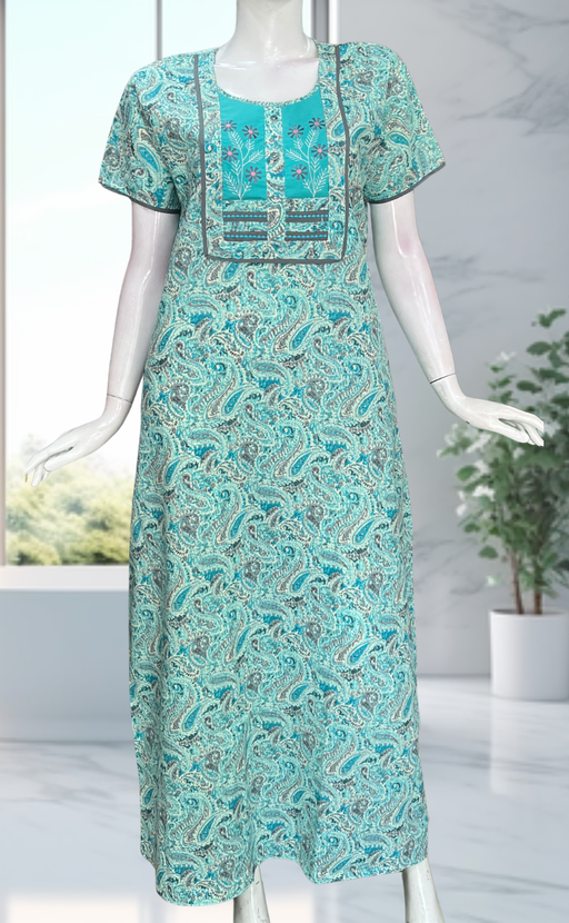 Sea Green Paisley Print Pure Cotton Nighty. Pure Durable Cotton | Laces and Frills - Laces and Frills