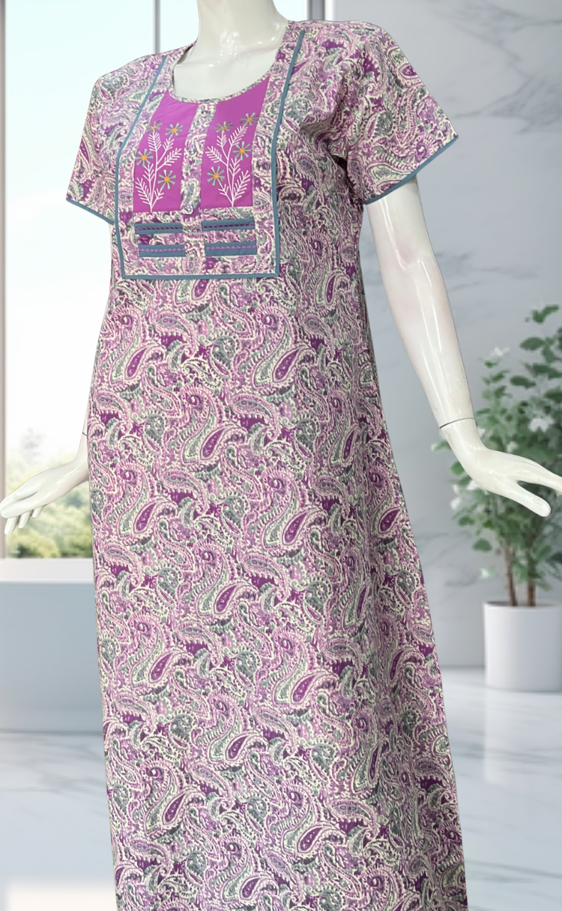 Purple Paisley Print Pure Cotton Nighty. Pure Durable Cotton | Laces and Frills - Laces and Frills