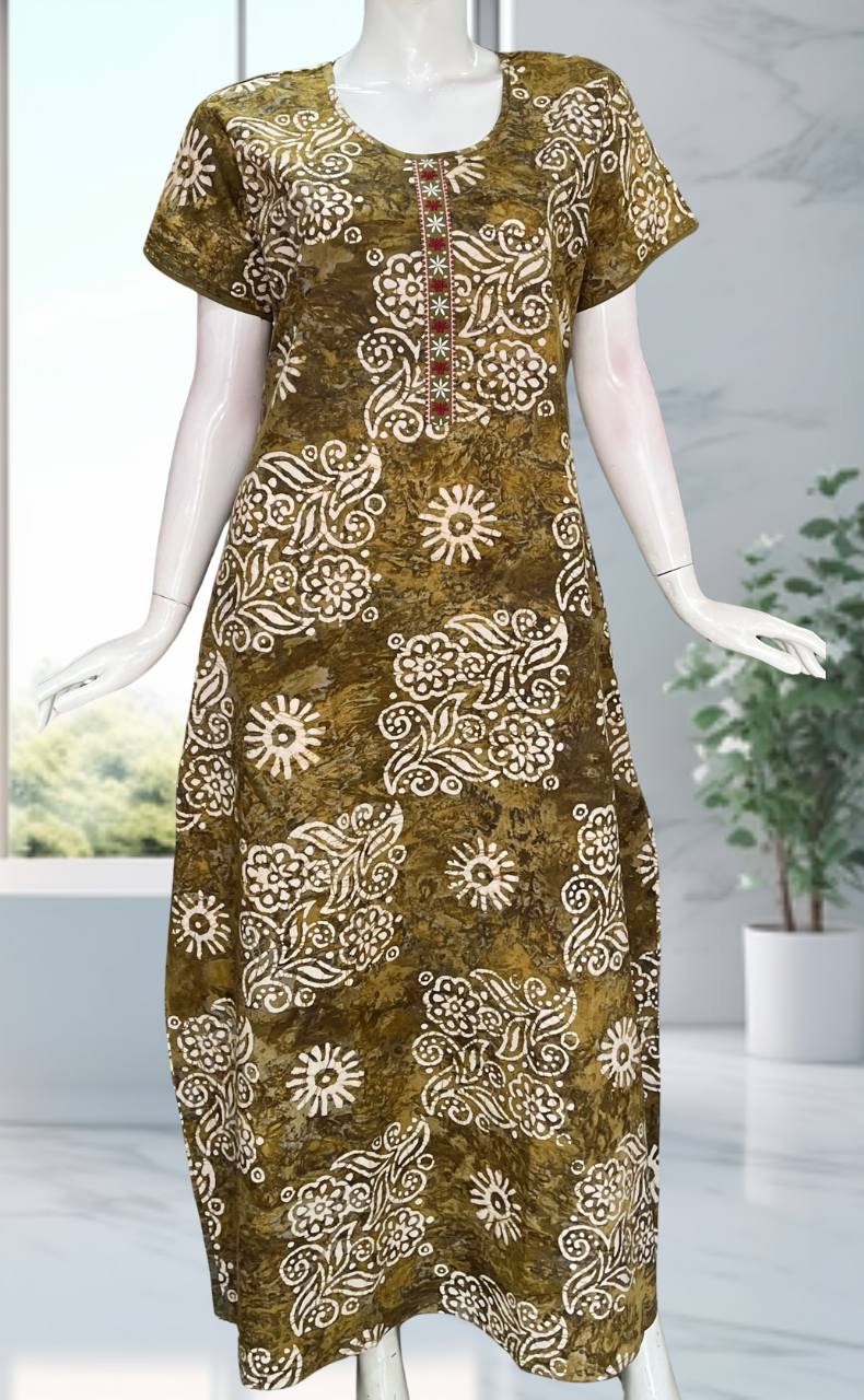 Mehndi Green Batik Pure Cotton Nighty. Pure Durable Cotton | Laces and Frills - Laces and Frills
