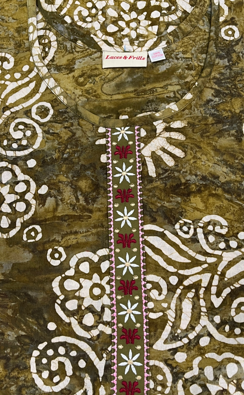 Mehndi Green Batik Pure Cotton Nighty. Pure Durable Cotton | Laces and Frills - Laces and Frills