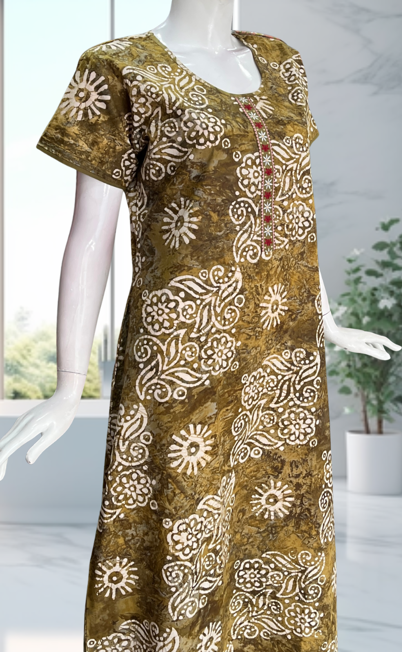 Mehndi Green Batik Pure Cotton Nighty. Pure Durable Cotton | Laces and Frills - Laces and Frills