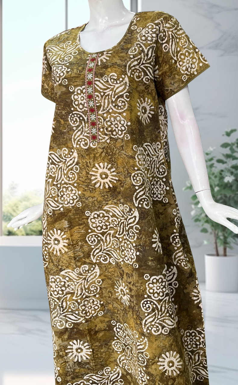 Mehndi Green Batik Pure Cotton Nighty. Pure Durable Cotton | Laces and Frills - Laces and Frills